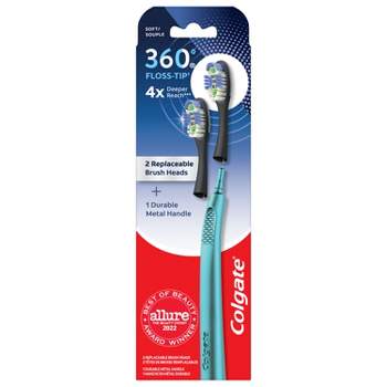 Colgate 360 Floss Tip Toothbrush with Metal Handle and 2 Replaceable Brush Heads - Trial Size - Blue