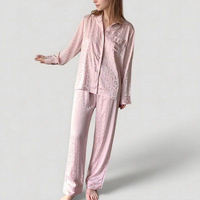 Anna-Kaci Lounge Women's Long Sleeve Button Up Pajama Set with Satin Leopard Texture and Relaxed Fit Pants