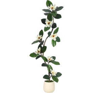 coucheta Artificial Fiddle Leaf Fig Tree with Magnolia Flowers, Faux Plants with White Planter Pot, Faux Floor Plant, Indoor and Outdoor Rubber Tree - 1 of 4