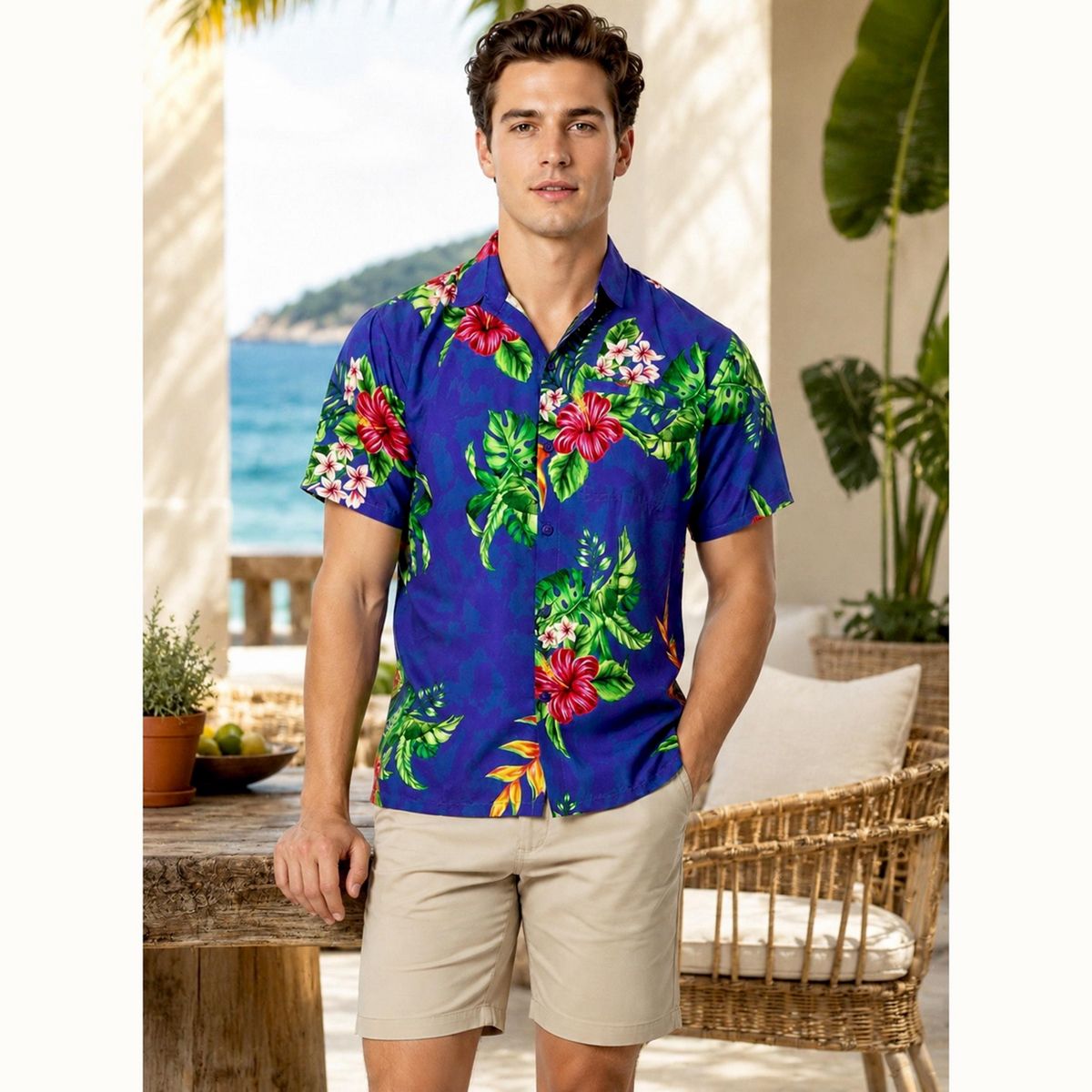 HAPPY BAY Mens Hawaiian Shirts Short Sleeve Button Down Shirt Floral Shirt Men Casual Holiday Summer Party Caribbean Shirts Funny 3XL Blue,Leaf - thumbnail 5