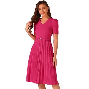 Allegra K Women's V-Neck Short Sleeve Belted A-Line Work Pleated Dress - 1 of 4