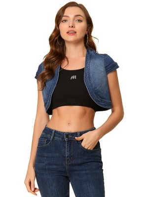 INSPIRE CHIC Women's Casual Cap Sleeve Open Front Crop Denim Shrugs