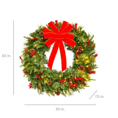30" Green Pre-Lit Christmas Wreath with Red Ribbon and Pinecones