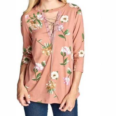Women's Lace Up Floral Brushed Knit Top - Oddi