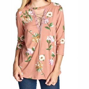 Women's Lace Up Floral Brushed Knit Top - Oddi - 1 of 4