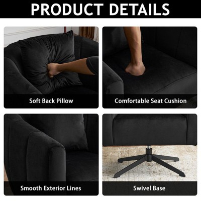 Product details showing soft back pillow, comfortable seat cushion, smooth exterior lines, swivel base