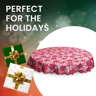 Red and White Lace Round Christmas Tablecloth, 72 Inch