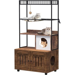 Large litter box enclosure w/ storage shelf, 60"H hidden furniture, includes condo, hammock, scratching mat & play ball, retro brown - 1 of 4