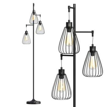 Tangkula Industrial 3-Light Floor Lamp Metal Freestanding Cage Floor Lighting Lamp