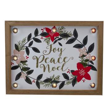 Northlight 11.8" Brown Framed Floral "Joy, Peace, Noel" Wooden Christmas Wall Plaque