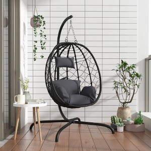 vidaXL Hanging Egg Chair with Cushion Anthracite Poly Rattan&Steel - 1 of 4