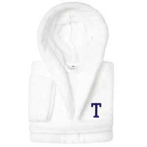 Personalized Linum Kids 100% Polyester SUPER PLUSH Double Brushed Hooded Bathrobe in Navy Bookman Font - 1 of 3