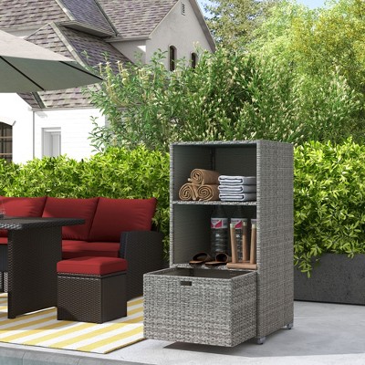 Mixed Gray Wicker Outdoor Storage Cabinet with Shelves