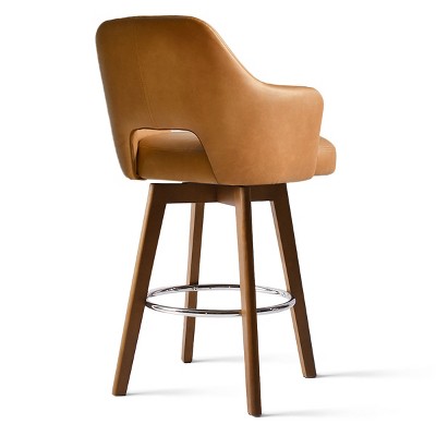 Camel Faux Leather Swivel Bar Stool with Wood Legs