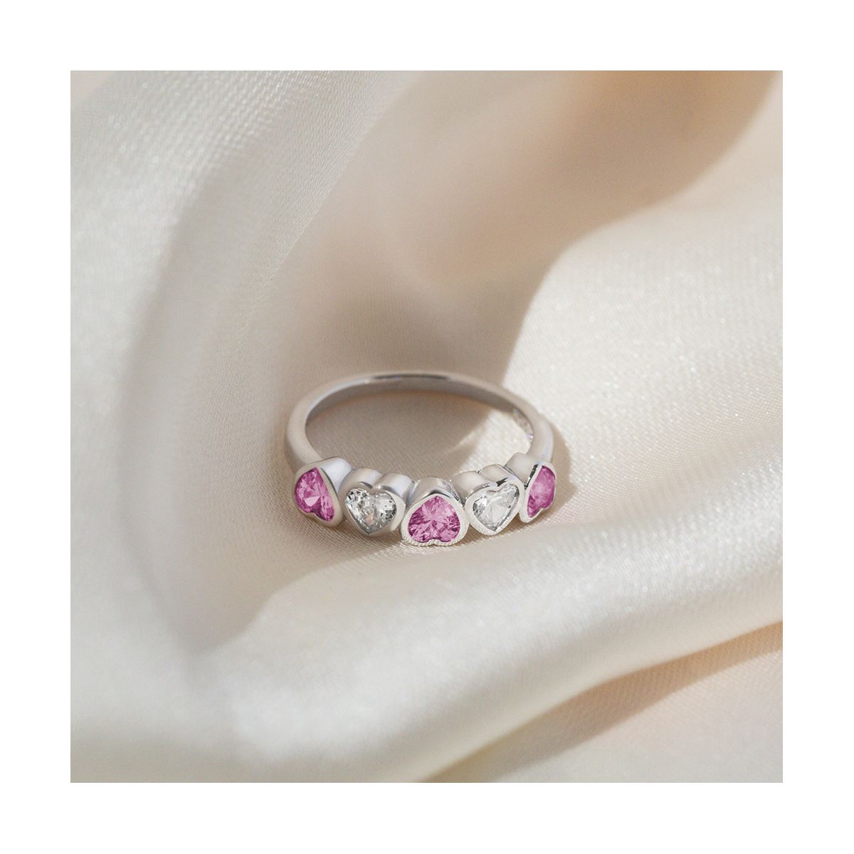 Girl's Bezel CZ Hearts Sterling Silver Ring - In Season Jewelry - thumbnail 4