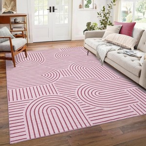Abstract Washable Area Rug Non-Slip Throw Rug with Rubber Back, Low Pile Stain Resistant Boho Geometric Carpet for Living Room, Bedroom Dining Room - 1 of 4