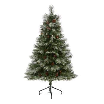 Nearly Natural 5’ Snowed French Alps Mountain Pine Artificial Christmas Tree with Pine Cones