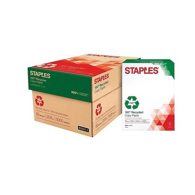 Staples 100% Recycled 8.5" x 11" Copy Paper 20 lbs 92B 500/RM 10 RM/CT 620014