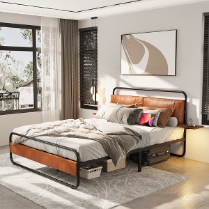 DOMETOUR Queen Metal Bed Frame w/ Upholstered Headboard, Wireless Charging, USB Ports, LED Light, Storage, No Box Spring, Vintage Brown Oval Platform - 1 of 4