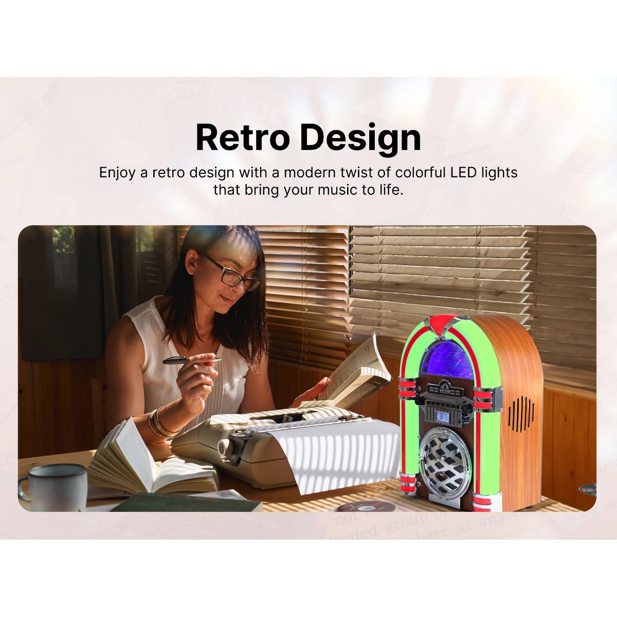 Victor Retro Bluetooth Jukebox with CD Player & FM Radio | 15-Inch 1950s Diner Style Tabletop Speaker, Color-Changing LED Lights, 33ft Wireless - thumbnail 3