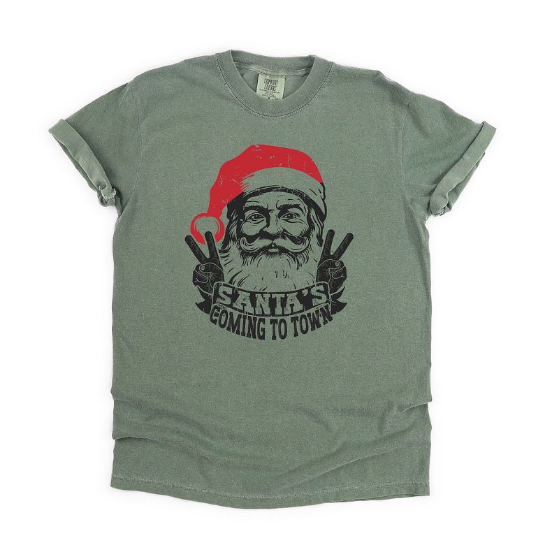 Simply Sage Market Women's Santa's Coming To Town Peace Short Sleeve Garment Dyed Tee, 1 of 4