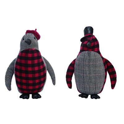 Transpac Fabric 17 in. Gray Christmas Plush Plaid Penguin Set of 2