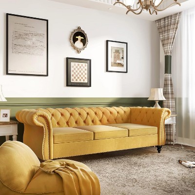 ORRD Velvet Tufted Sectional, 3-Seater Sofa with Rolled Arms & Nailhead Trim (Mango)