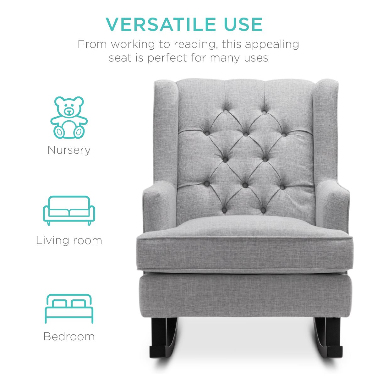 Best Choice Products Rocking Accent Chair, Tufted Upholstered Wingback for Home, Nursery w/ Wood Frame - Gray - thumbnail 5