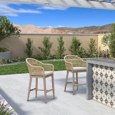PURPLE LEAF Outdoor Bar Stools Set of 2 Patio Metal Modern Wicker Bar Chairs Woven Aluminum Barstools
