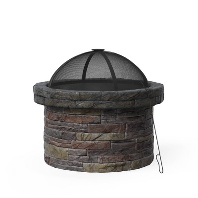 27" Round Natural Stone Wood Burning Fire Pit with Steel Base - Teamson Home: Outdoor Fireplace, Mesh Screen, Grill Grate