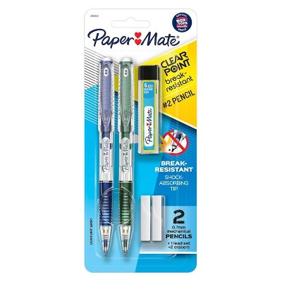 Paper Mate Clear Point Break Resistent #2 Mechanical Pencils with Eraser & Refill 0.7mm Blue/Green