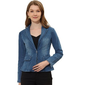INSPIRE CHIC Women's Notched Lapel Button Up Long Sleeve Washed Denim Blazer - 1 of 4