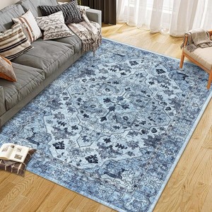 Acekool Washable Vintage Floral Area Rug, Non Slip Thin Low Pile Carpet for Living Room Bedroom Kitchen, Kid & Pet Friendly - 1 of 4