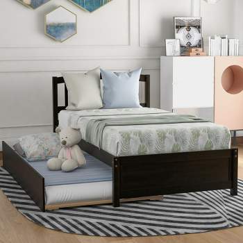 Twin Size Platform Bed Wood Bed Frame with Trundle-ModernLuxe