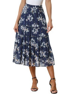 INSPIRE CHIC Women's Floral Elastic Waist Tiered Ruffle Boho Midi Skirts