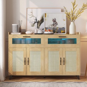 Sideboard Buffet Cabinet With Power Outlet & LED Light, Kitchen Storage Cabinet With 2 Fluted Acrylic Drawers & 4 Rattan Doors - 1 of 4