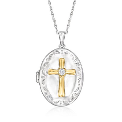 Ross-Simons 0.10 ct. t.w. Diamond Cross Locket Necklace in Sterling Silver and 18kt Gold Over Sterling Size 18
