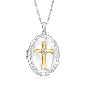 Ross-Simons 0.10 ct. t.w. Diamond Cross Locket Necklace in Sterling Silver and 18kt Gold Over Sterling Size 18 - 1 of 4