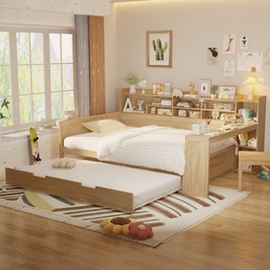 KTMBDW Twin/Full Size Daybed with Storage Shelves and Trundle Bed, Wooden Bed with Study Desk for Bedroom, Guest Room, No Boxing Spring Needed - 1 of 4
