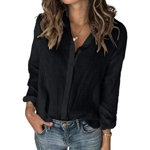 Imily Bela Womens Long Sleeve Button Down Blouse - Loose Casual Cotton Linen V-Neck Top - 1 of 4