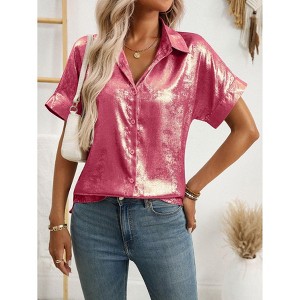 Coolmee Women's Button Down Shirts Short Sleeve V Neck Summer Tunic Tops Casual Work Satin Blouses - 1 of 4