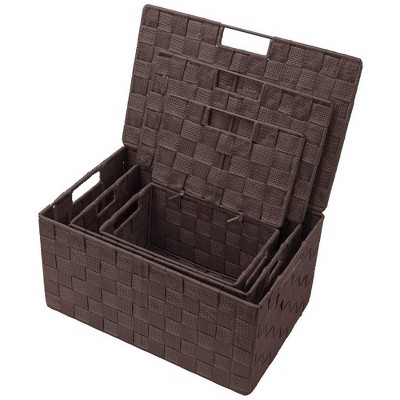 Brown Woven Polypropylene Stackable Storage Basket Set with Lids