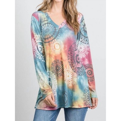 Women's Tie Dye & Circular Designs V-Neck Long Sleeve Top - HEIMISH USA