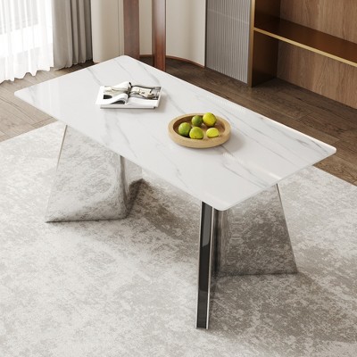 Vynxaria Dining Tables - 63" Snow Mountain Elegance with Silver Butterfly Design