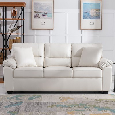 83" Faux Leather Sofa Mid-Century Modern Couch with Pillows and Cushion Armrest -Morden Fort