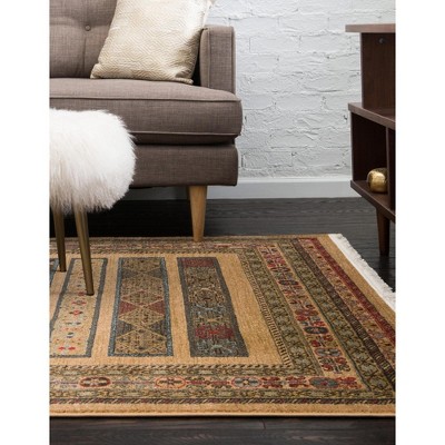 Tan and Light Blue Rectangular Synthetic Striped Rug