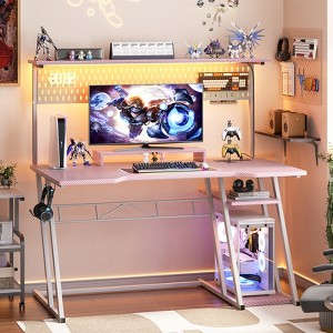Aheaplus Gaming Desk with Hutch and LED Lights, Computer Table with Storage Shelves - 1 of 4