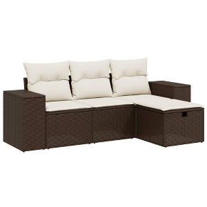 vidaXL Patio Sofa Set with Cushions Outdoor Furniture 4 Piece Poly Rattan - Brown and Cream without storage - 1 of 4