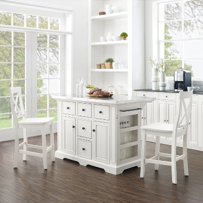 HomeStock  Julia Stainless Steel Top Island with Storage, Coffee Bar, and a Set of 2 X-Back Stools, White