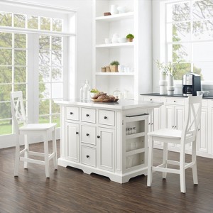 HomeStock  Julia Stainless Steel Top Island with Storage, Coffee Bar, and a Set of 2 X-Back Stools, White - 1 of 4